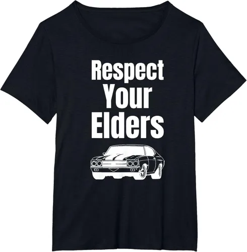 Vista 65 de Divertido regalo de auto para chicos – Respect Your Elders Classic Muscle Car Camiseta, Negro, S
