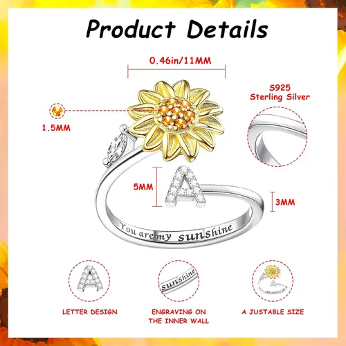Vista 7 de Kucheed Anillos giratorios para mujeres, anillo giratorio de tamaño ajustable con diseño de girasol, anillo circular de dedo plateado apilable