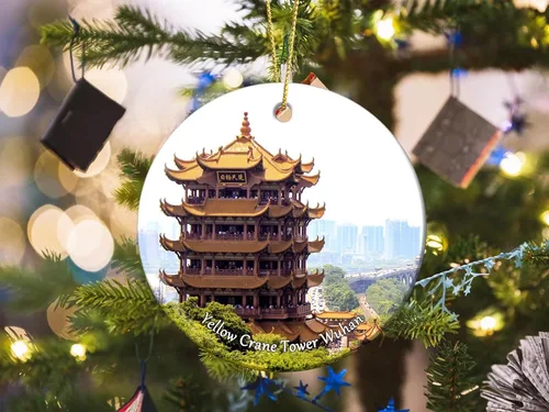 Vista 2 de China Yellow Crane Tower Wuhan Adornos de Navidad para árbol Colgante de cerámica Decoración de ornamento de doble cara Regalos de Navidad Recuerdos