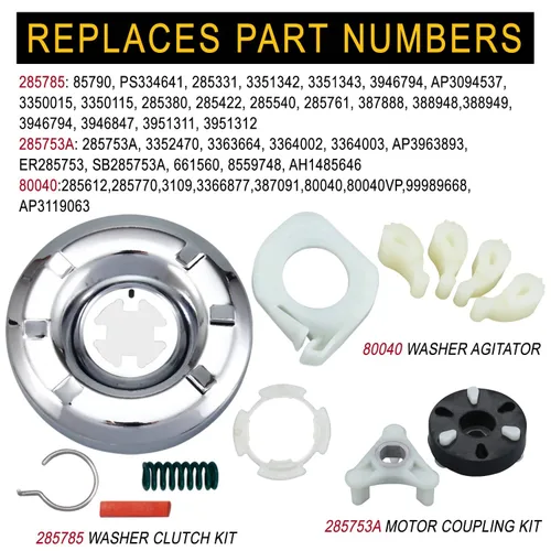 Vista 4 de Kit de acoplamiento de motor resistente 285753A, kit de embrague de lavadora 285785, perro agitador de lavadora 80040 de Seentech - Compatible