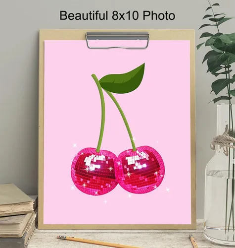 Vista 4 de Arte de pared retro de moda y decoración, póster de decoración del hogar con bola de disco de cerezo, arte de pared de sala de estar rosa