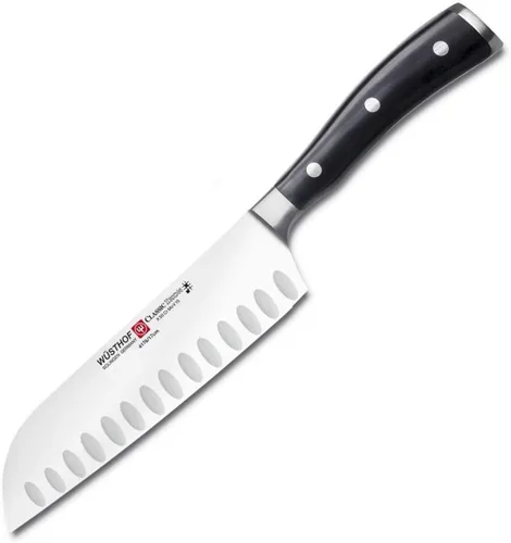 Vista 3 de Wusthof Classic Ikon cuchillo santoku con filo hueco, Negro