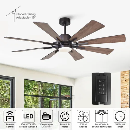 Vista 6 de Ventiladores de techo con luces y control remoto, ventilador de techo de granja de 60 pulgadas con luz para dormitorio, sala de estar, ventiladores