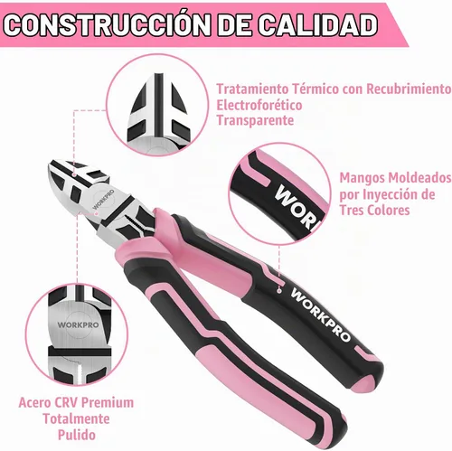 Vista 5 de WORKPRO Juego de alicates de 3 piezas, juego de herramientas rosa que incluye alicates de punta fina, alicates de corte diagonal y alicates de junta
