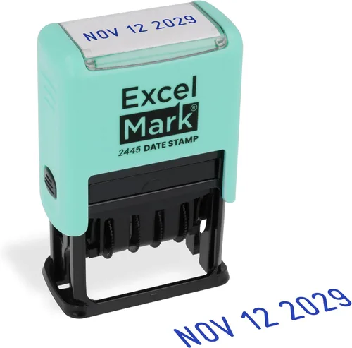 Vista 23 de ExcelMark 2445 sello de fecha: perfecto para envío, recepción, vencimiento y fechas de vencimiento (tinta azul, soporte violeta)