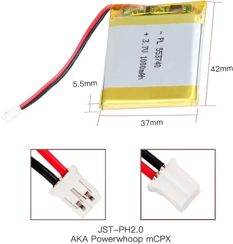 Vista 2 de Batería recargable Lipo de la batería del polímero de iones de litio de 3.7v 1000mAh 553740 con el conector del PH 6.6 ft m