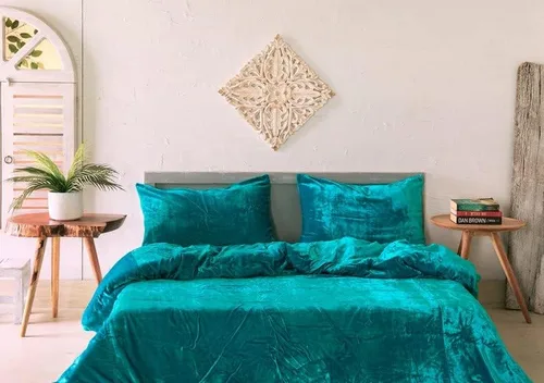 Vista 3 de Funda de edredón de terciopelo sólido ultra-luxe, ropa de cama boho UO, funda de colcha Donna, juego de edredón de 3 piezas, juego de cama de Azul