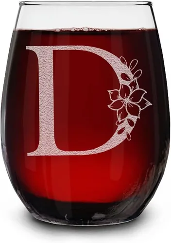 Vista 8 de Copa de vino sin tallo, con monograma floral, grabada con láser, 15 onzas, regalo inicial personalizado para ella (B)