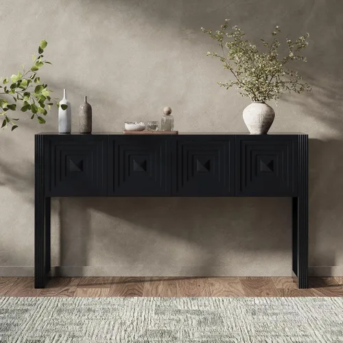 Vista 3 de LUMISOL Mesa consola geométrica tallada con 3 cajones, mesa de sofá de granja detrás del sofá con almacenamiento y detalles de patas acanaladas