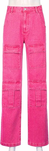 Vista 2 de Jeans holgados de cintura alta para mujer, con bolsillo con solapa, ajuste relajado, pierna ancha recta Y2K, jeans cargo de moda