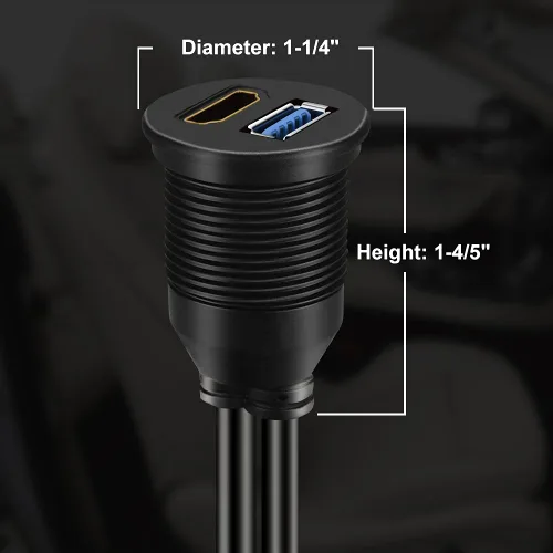 Vista 4 de USB 3.0 y HDMI macho a hembra AUX Dash Car Cable de montaje empotrado de 1 pie Extensión impermeable para coche, barco, camión y panel