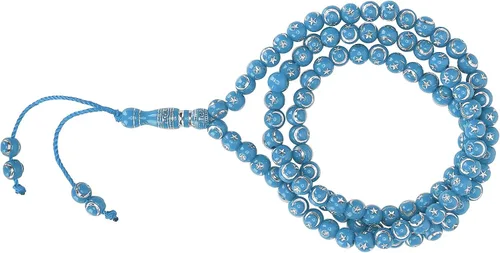 Vista 6 de Rosario musulmán, herramienta de oración, 99 granos de resina, adoración islámica dorada, artículo religioso azul (azul)