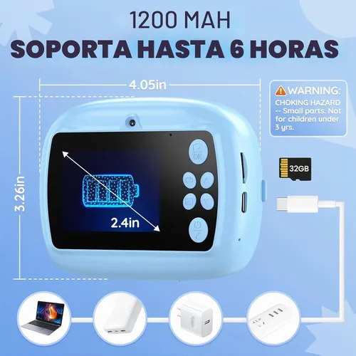 Vista 7 de Cámara de impresión instantánea para niños, cámara digital para niños con Dinosaurio azul
