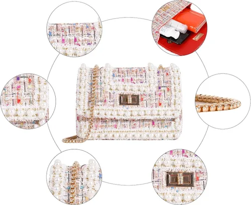 Vista 4 de Qiayime Monederos y bolsos de mano para mujer, moda con asa superior, bolso de hombro con cadena de cuentas de perlas
