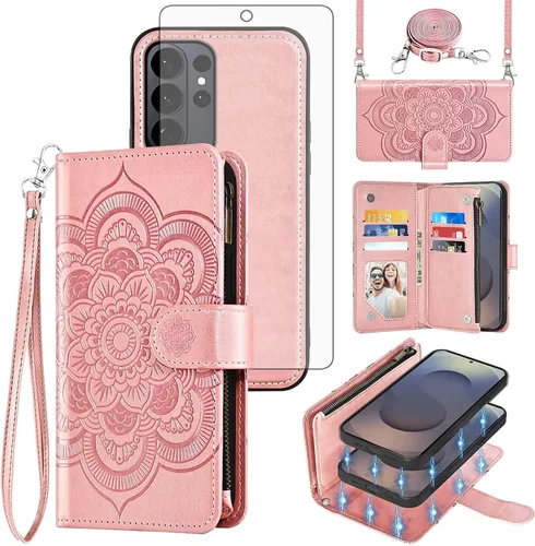 Vista 15 de Asuwish Funda de teléfono para Samsung Galaxy S26 5G con cremallera, magnética, desmontable, con protector de pantalla de vidrio templado, correa