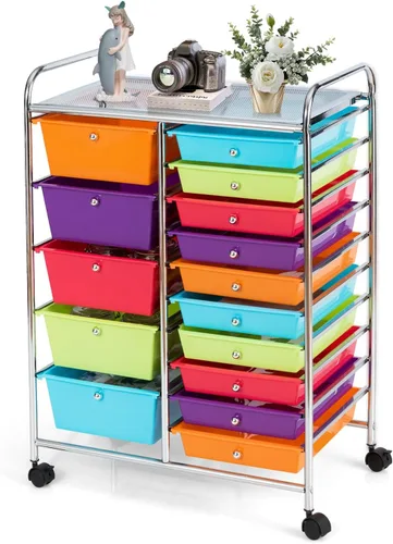 Vista 10 de DREAMADE Carrito de almacenamiento con ruedas de 15 cajones, carrito de manualidades móvil con ruedas con cerradura, cajones de plástico extraíbles