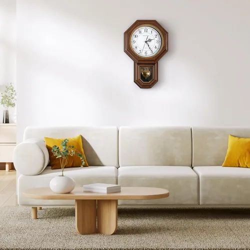Vista 3 de Reloj de pared de péndulo que funciona con pilas, reloj regulador de plástico de imitación de madera con péndulo, relojes de pared decorativos