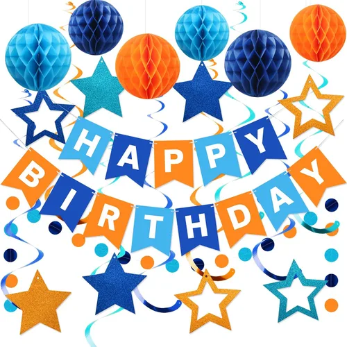 Vista 14 de meowtastic - Decoraciones de cumpleaños, pancarta de feliz cumpleaños con bolas de panal de abeja, serpentinas colgantes de estrellas, guirnalda