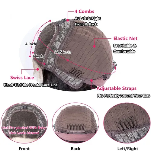 Vista 7 de Peluca corta lacia 4x4 con cabello de bebé, peluca frontal de encaje transparente, línea capilar prearrancada, cabello humano virgen brasileño negro