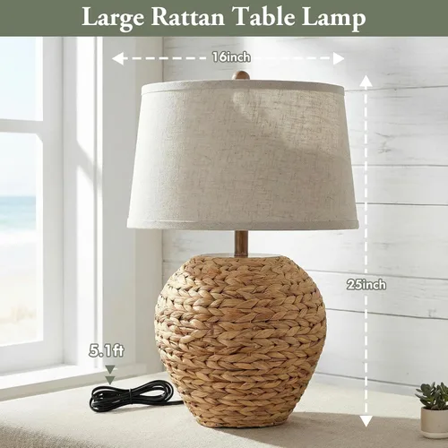 Vista 5 de TOBUSA Lámpara de mesa de ratán de 25 pulgadas para sala de estar, lámpara de mimbre bohemia costera con 3 temperaturas de color, lámpara de cesta