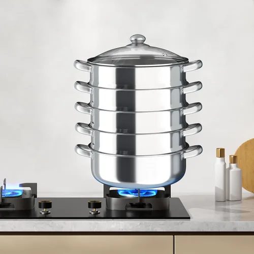 Vista 7 de Olla de vapor para cocinar olla de vapor de acero inoxidable de 5 niveles con tapa, ollas de vapor de 11.8 pulgadas, utensilios de cocina con mango