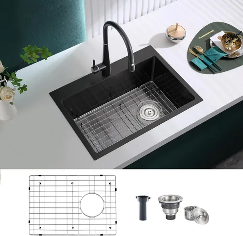 Vista 19 de Fregadero de barra empotrable de 13 × 15 pulgadas negro - Fregadero de cocina pequeño de montaje superior de un solo cuenco, hecho a mano de acero