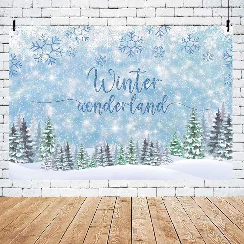 Vista 5 de MEHOFOND Telón de fondo de invierno de 8 x 6 pies, diseño de copo de nieve azul, fondo de fotografía de bosque con purpurina para decoración