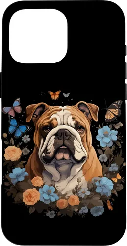 Vista 19 de Funda para iPhone 16 Bulldog Inglés con Flores y Mariposas