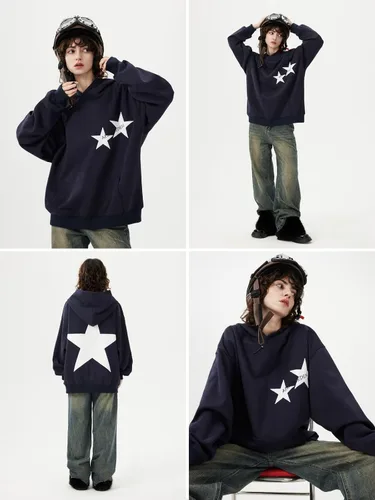 Vista 3 de Aelfric Eden Sudaderas con capucha Y2k con estampado de estrellas, de gran tamaño, con cuello redondo de los años 90, sudadera de manga larga