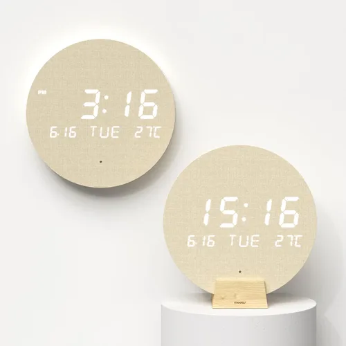 Vista 10 de mooas Reloj de pared LED de luna llena silencioso de madera con control remoto, luz nocturna con retroiluminación, reloj de pared de madera digital