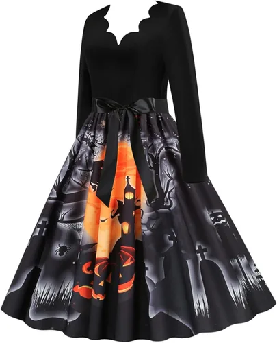 Vista 2 de Vestido de Halloween para mujer 2022 con cuello en V y cremallera de manga larga con panel