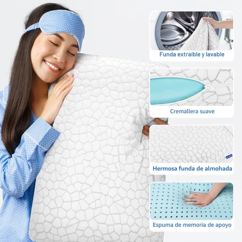 Vista 3 de CushZone Almohadas de espuma viscoelástica para dormir, almohada de cama con funda extraíble y lavable a máquina, almohada de cama para dormir