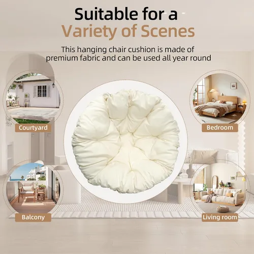 Vista 5 de Silla columpio colgante con soporte, hamaca de mimbre de polietileno, cojín desmontable suave, resistente 350 libras, interior y exterior