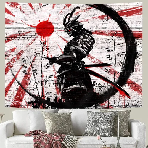 Vista 6 de iTapnoom Tapiz decorativo de arte samurái japonés para colgar en la pared para dormitorio, póster de anime rojo y negro con sol y luna para hombres