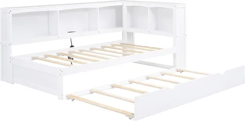 Vista 5 de DEINPPA Sofá cama Twin Captain con nido y puertos USB, marco de cama de plataforma de madera con cabecera en forma de L para niños, adolescentes