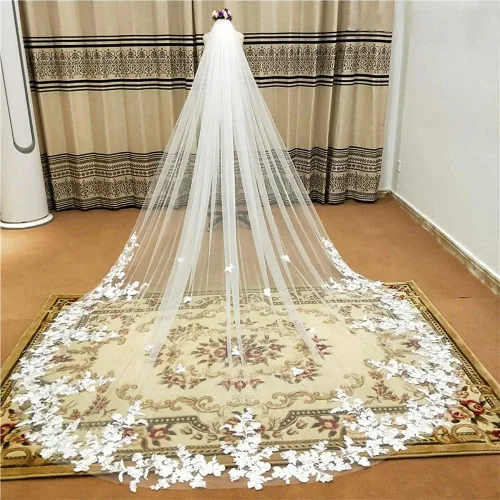 Vista 5 de Elawbty Velo de novia de boda con flor de encaje catedral de 1 nivel con peine para mujer