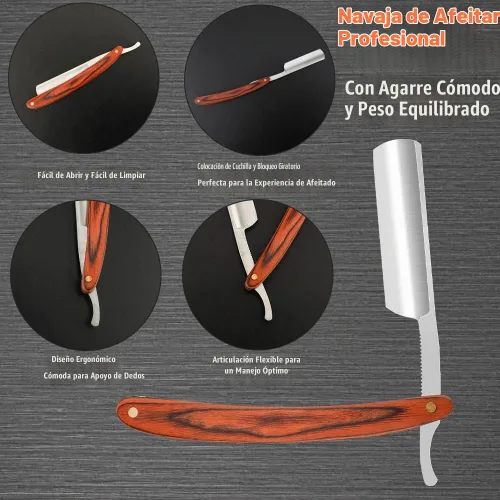 Vista 6 de Navaja de afeitar recta con estropajo - Afeitadora profesional de borde recto de acero inoxidable premium para barbero con estropajo para aseo