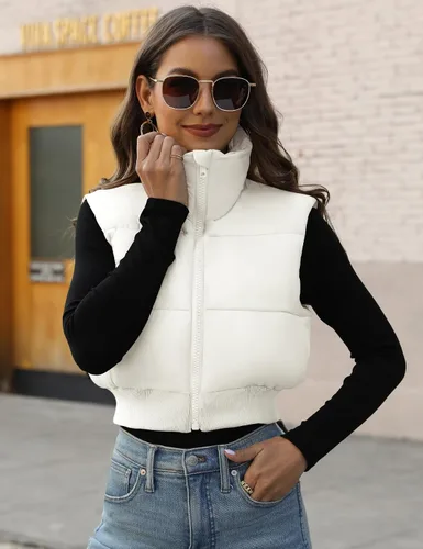 Vista 2 de Gihuo Chaleco acolchado recortado para mujer, sin mangas, chaqueta acolchada, chaleco acolchado para invierno, con cremallera completa, abrigo