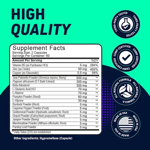 Vista 4 de Soporte doble para próstata y cabello para hombres – Saw Palmetto, beta-sitosterol, semillas de calabaza – Promueve la salud urinaria y el bloqueo
