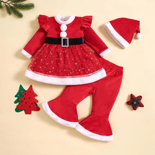 Vista 2 de Noubeau Trajes de Navidad para bebé niña con volantes, manga larga, túnica de Papá Noel, parte superior de terciopelo, pantalones acampanados