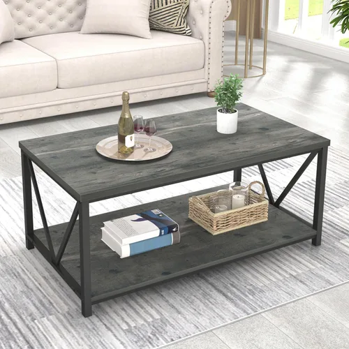 Vista 13 de EXCEFUR Mesa de centro pequeña, mesas modernas para sala de estar con estante de almacenamiento, mesa central rectangular de madera rústica, mesa