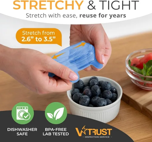 Vista 2 de Orblue Tapas de silicona elásticas, paquete de 6 unidades, pequeñas para almacenamiento de alimentos frescos, sella los sabores, mantiene