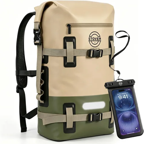 Vista 13 de STOVER - Mochila seca impermeable de 30/40/55L y funda para teléfono, bolsa seca flotante extragrande para kayak, viajes, senderismo, pesca Negro