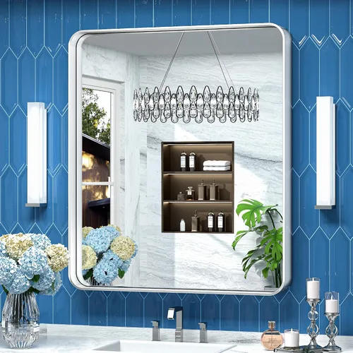 Vista 65 de TokeShimi Espejo de pared de baño de níquel cepillado de 20 x 30 pulgadas, marco de metal, esquina redonda, rectangular, para decoración del hogar