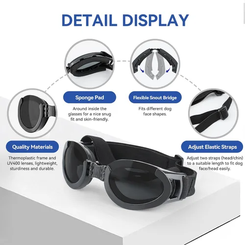 Vista 5 de Gafas de sol para perros de raza media, lentes reemplazables transparentes/negras, protección UV para perros medianos, protección ocular de perro