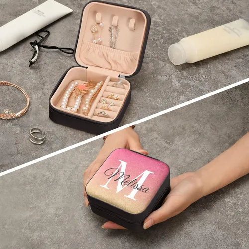 Vista 8 de Caja de joyería de viaje personalizada con degradado rojo y rosa con diseño de degradado, de piel sintética, portátil, organizador de joyas