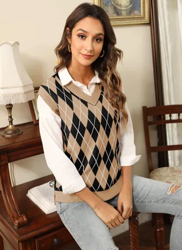 Vista 8 de HOCOSIT Chaleco de punto con cuello en V para mujer, estilo preppy a cuadros, sin mangas, suéter corto