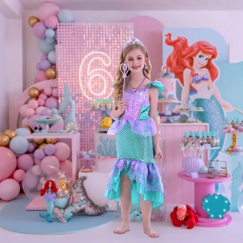 Vista 5 de Esvaiy Disfraz de sirena de princesa para niñas pequeñas disfraz de cumpleaños con accesorios