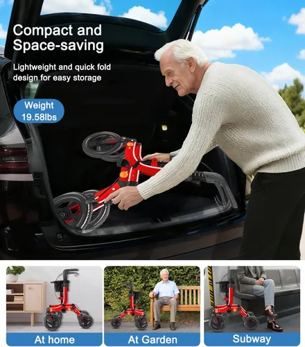 Vista 9 de Andador ligero con asiento para personas mayores, andador plegable con neumáticos grandes todo terreno a prueba de pinchazos, altura ajustable