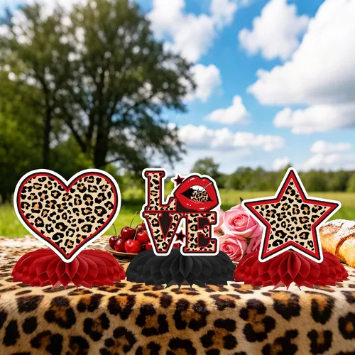 Vista 7 de 9 piezas de decoración de cumpleaños con estampado de guepardo, labios de leopardo, cerezas, dados de panal, decoración de mesa retro para fiesta